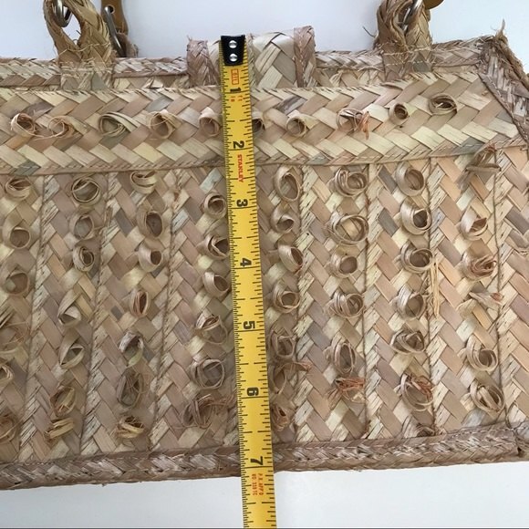 Handmade Woven Straw Bag Floral Lining Bamboo Look Handles Satchel - Picture 8 of 12